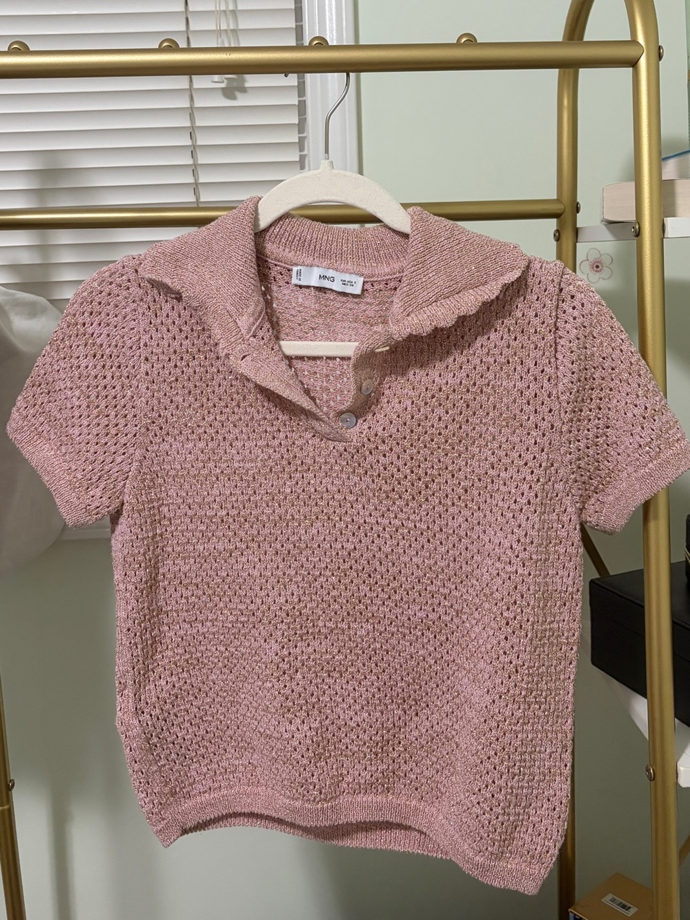 Mango MNG Dusty Rose Pink Shimmer Open Knit Short Sleeve Polo Top - Size S